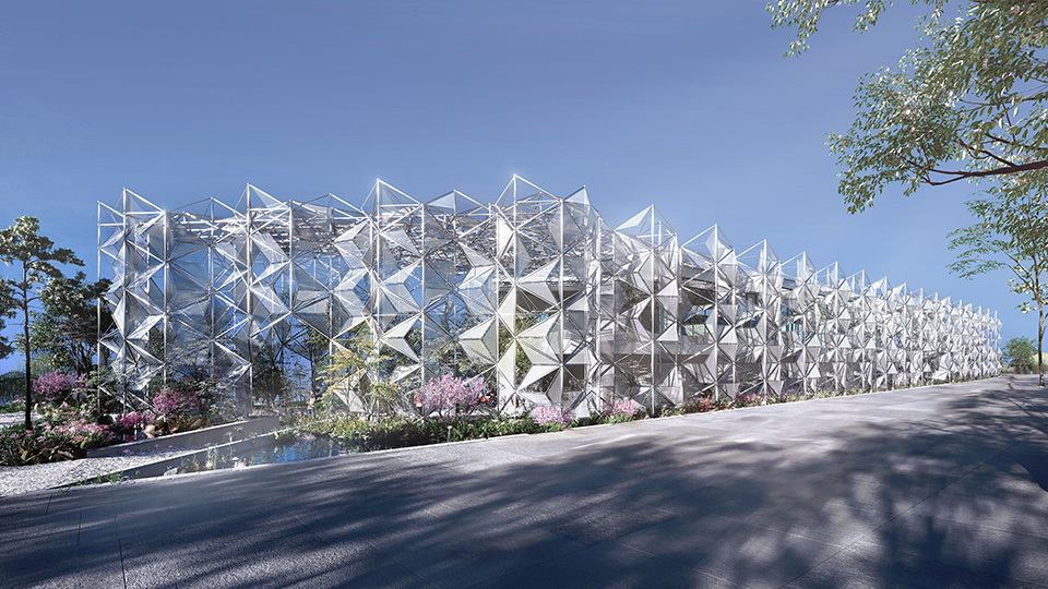 White modern geometric pipe structure at Expo 2025 Osaka, Kansai, Japan.