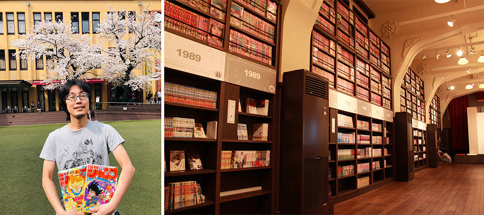A combination of two photographs. The left one shows man smiles while holding two manga magazines. Cherry blossoms and a yellow building are visible in the background. The right shows a large library room with tall bookshelves lining the walls. The shelves are filled with colorful books in various sizes.