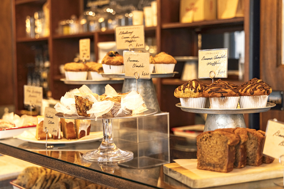 Assorted baked goods on display in a bakeshop