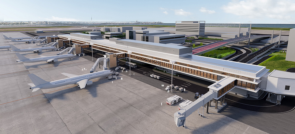 Image of view of an airport terminal with multiple jet bridges connected to aircraft