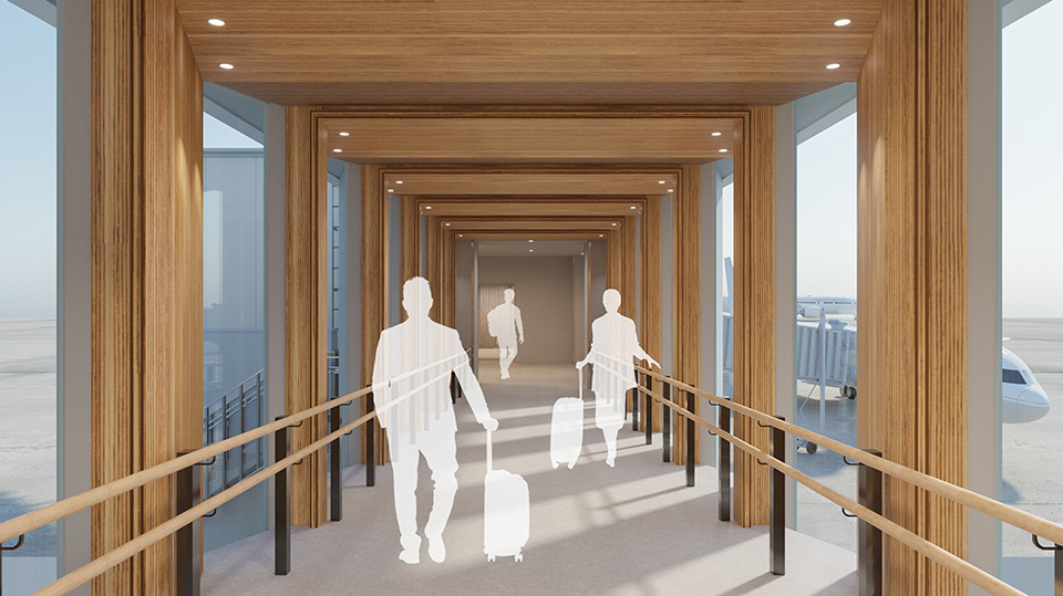 Image of Architectural rendering of a modern hallway with wooden walls and floors