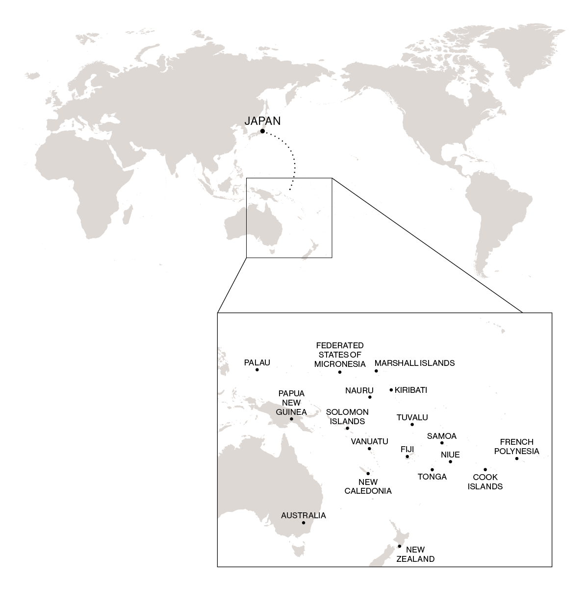 A world map featuring Japan and the Pacific Islands Forum (PIF) countries and regions.