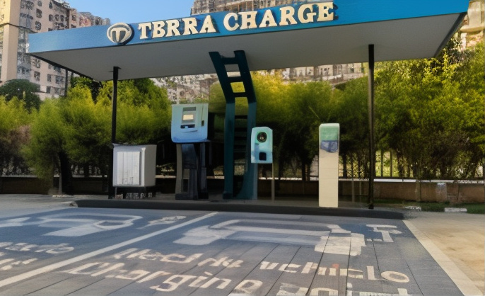 Terra Motors' electric vehicle charging station in Haryana State in India, with blue canopy and multiple charging points.