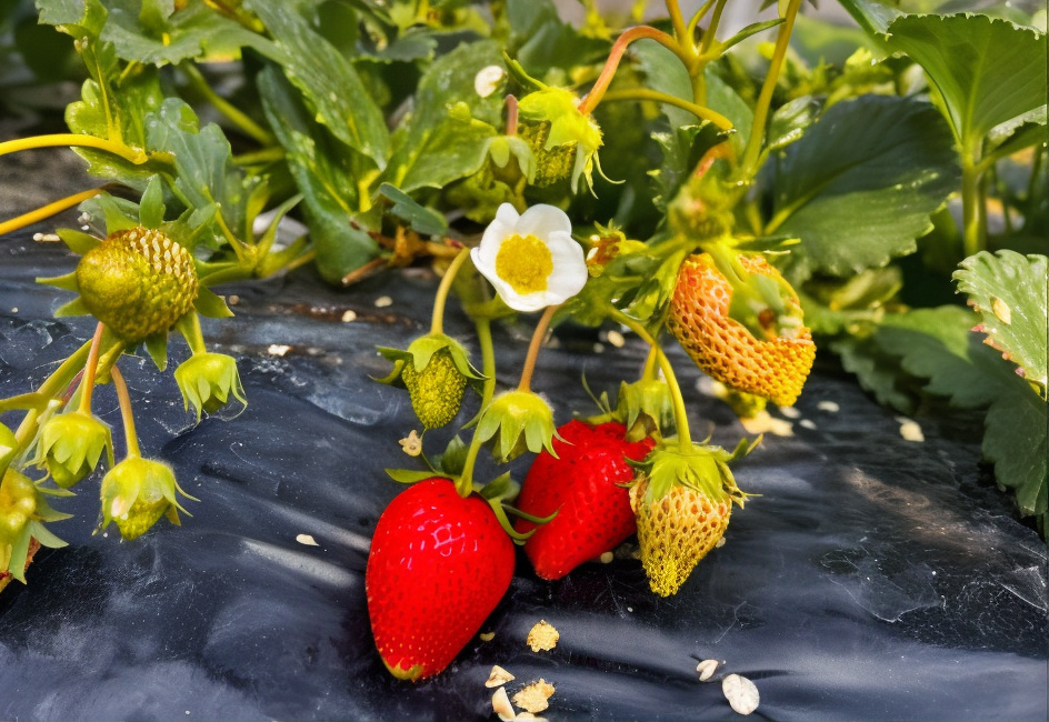 A close-up view of organic strawberry plants treated with dark septate endophyte (DSE), growing on black plastic mulch in a field.