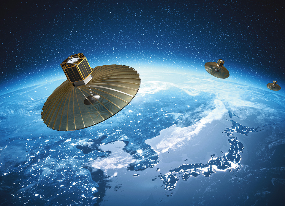 Three satellites orbit the Earth in line, capturing data and images from space, showcasing technology and exploration.