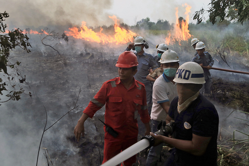 People wearing helmets and carrying hoses extinguish wildfires (courtesy of AFLO/AP).