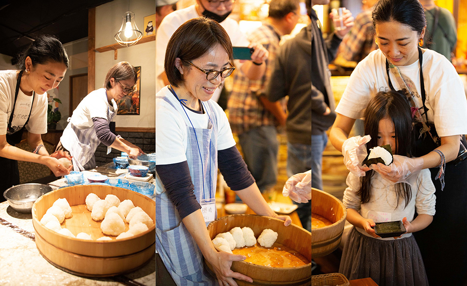 Female participants in a harvest event of the Kokudaka Project, making and serving rice balls.