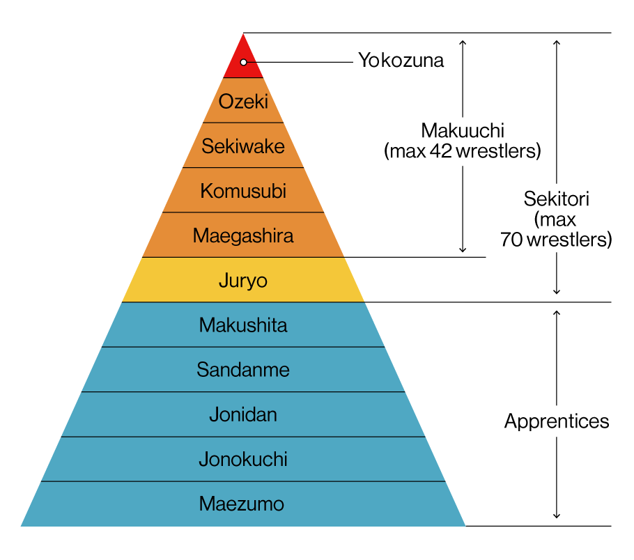 An illustration depicting the hierarchical ranking system of Japanese sumo wrestlers in a pyramid shape.