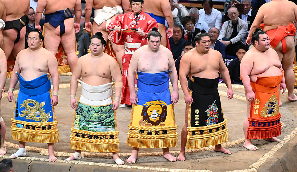 Sumo wrestlers in colorful mawashi, Japanese sumo traditional attire, at a match opening ceremony.