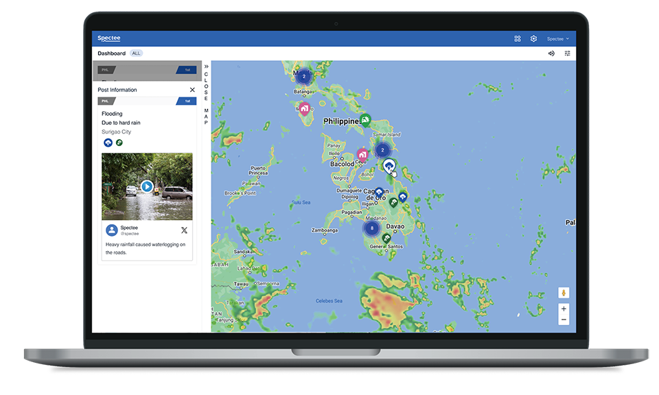 Illustrated map highlighting the Philippines, showing real-time disaster data and geographical positions, with social media post on the left.